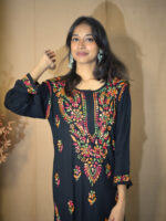 Multicolour Rayon Chikankari Kurta -Black - Image 3