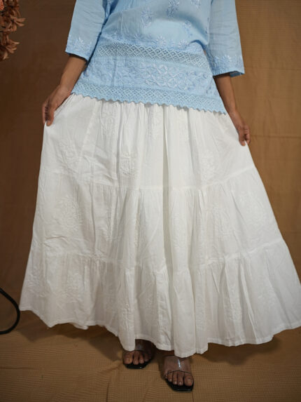 Cotton Chikankari Long Skirt- White