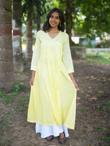 Lavanya Cotton Chikankari Angrakha- Lime Light Yellow