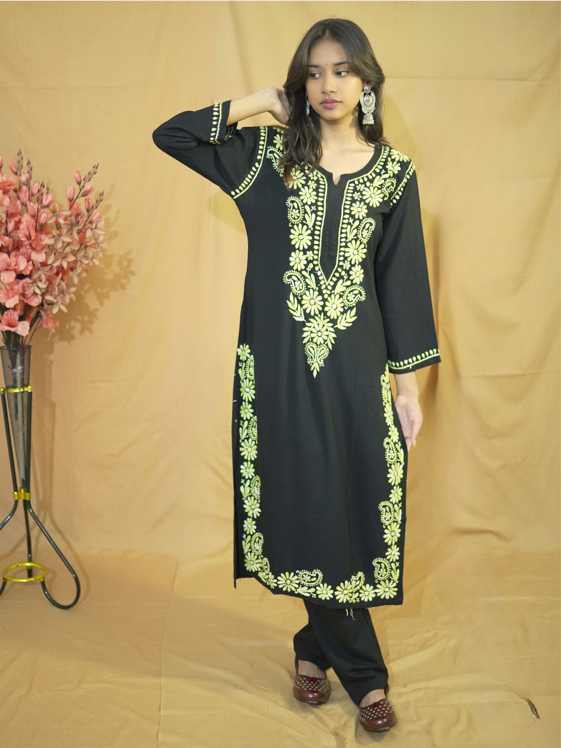 Untitled design - 1 Nisha Rayon Chikankari Kurti- Lime Green - Image 1