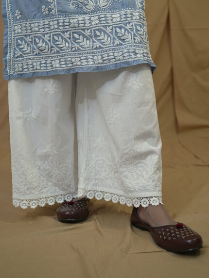 Cotton Chikankari Crochet Palazzo- White.