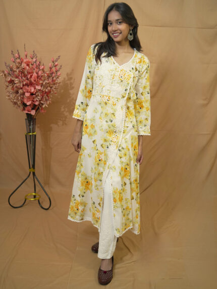 Lavanya Cotton Chikankari Angrakha- Yellow Floral