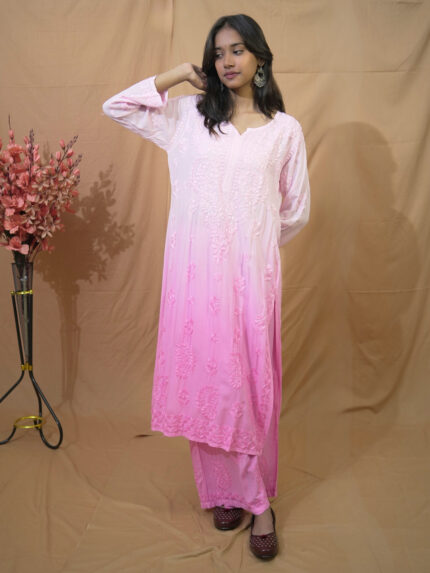 Kaya Double Shade ModalChikankari  Kurta Palazzo Set - Pink