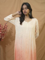 Kaya Double Shade Modal Chikankari  Kurta Palazzo Set - Peach - Image 3