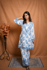 Ira Crape  Chikankari Kurta Pant Set- Blue