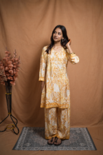 Ira Crape  Chikankari Kurta Pant Set- Mustard Yellow - Image 2