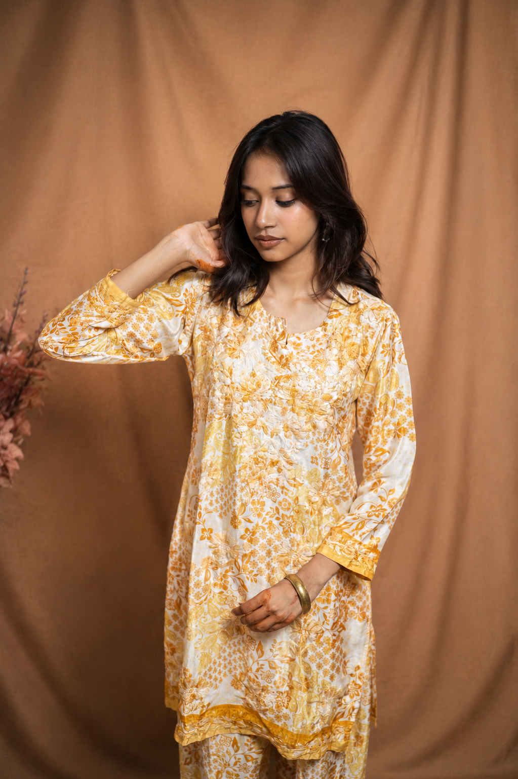 Ira Crape Chikankari Set- Mustard Yellow 2 Ira Crape Chikankari Kurta Pant Set- Mustard Yellow - Image 1