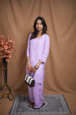 Tanvi Muslin Chikankari Kurta Pant Set  -Lavender - Image 3